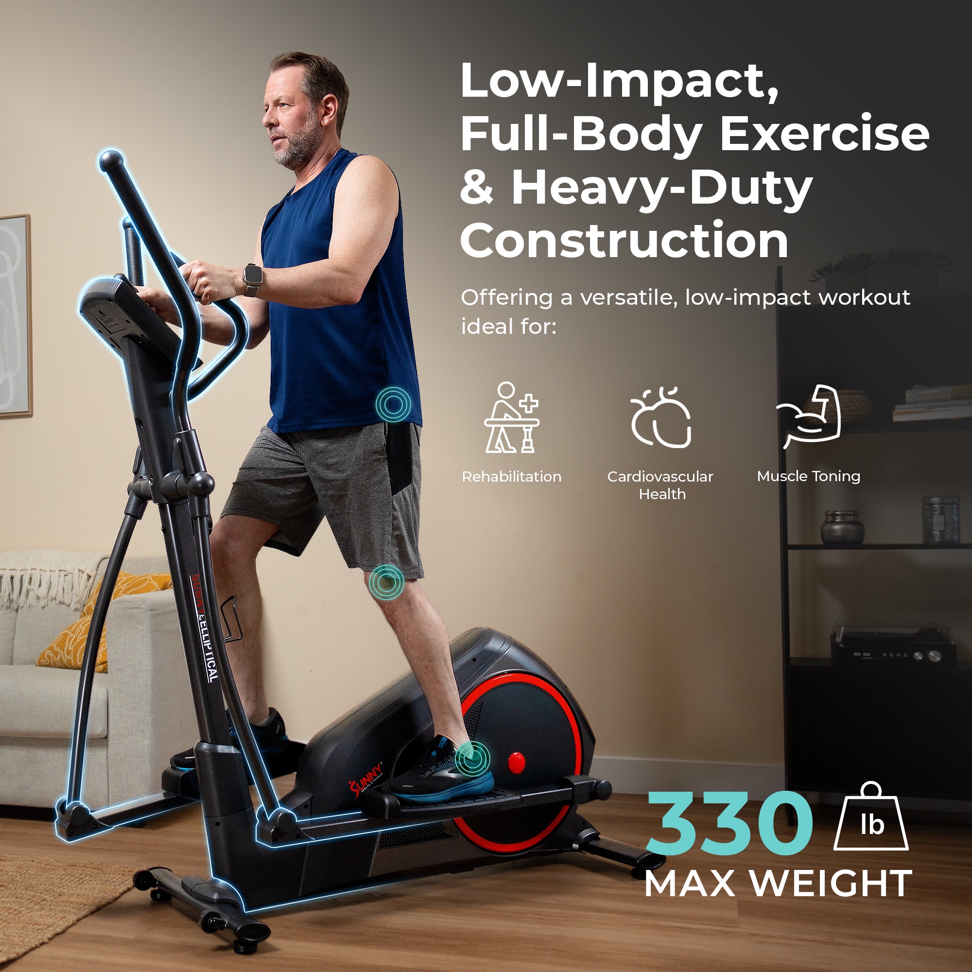 Sunny Health & Fitness Smart Heavy-Duty Elliptical Exercise Machine, Low-Impact Cardio Cross Trainer w Free SunnyFit App via Bluetooth – SF-E323055S