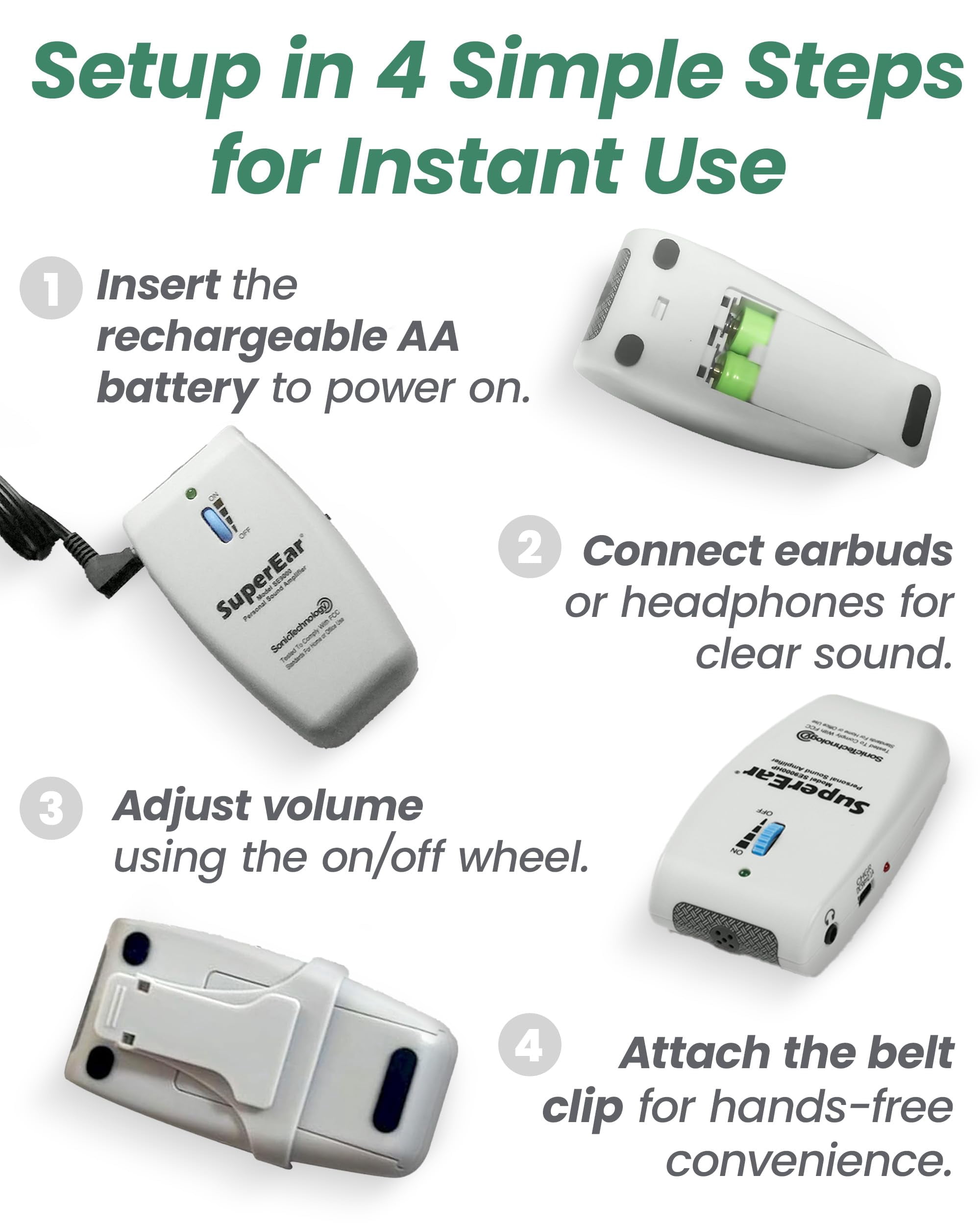 SuperEar Rechargeable Personal Sound Amplification SE9000HP Complete System 50dB, 3 Tone Frequency