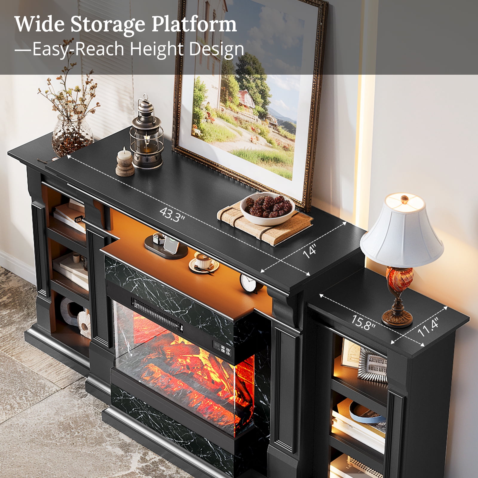 LGHM 72" Fireplace TV Stand with 3-Sided Glass Electric Fireplace & Charging Station & LED Lights for TVs up to 80", Black