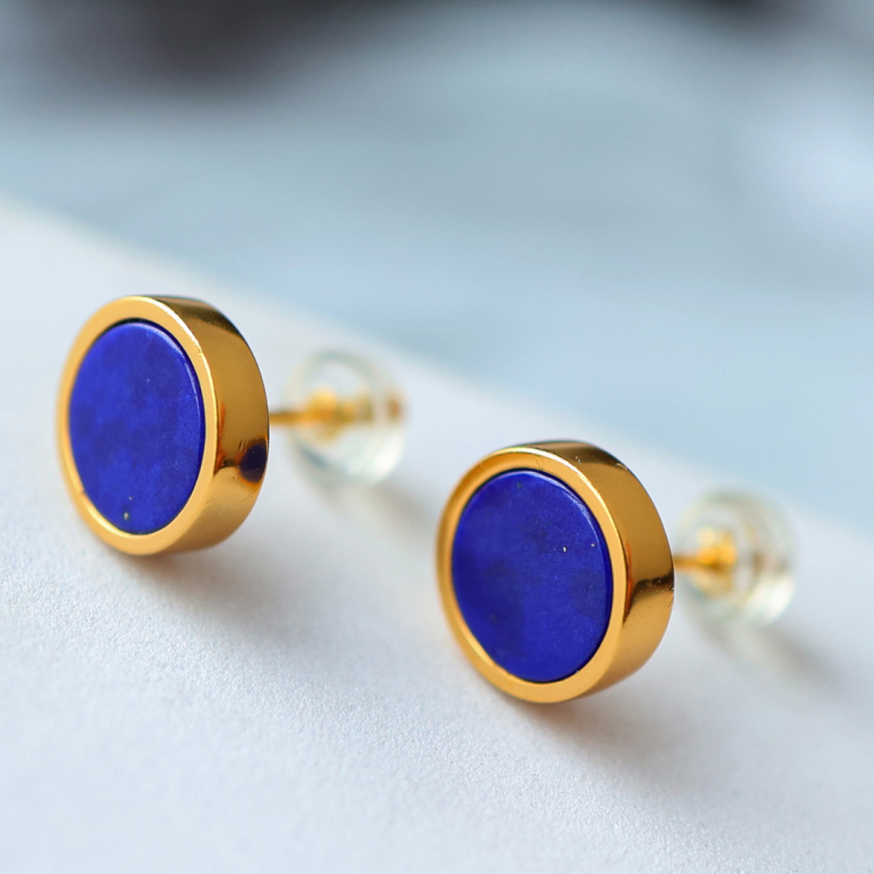24K Gold Plated Lapis Lazuli Stud Earrings – Round Natural Blue Gemstone, Hypoallergenic Minimalist Geometric Jewelry for Women & Men with RTT Jewelry Box