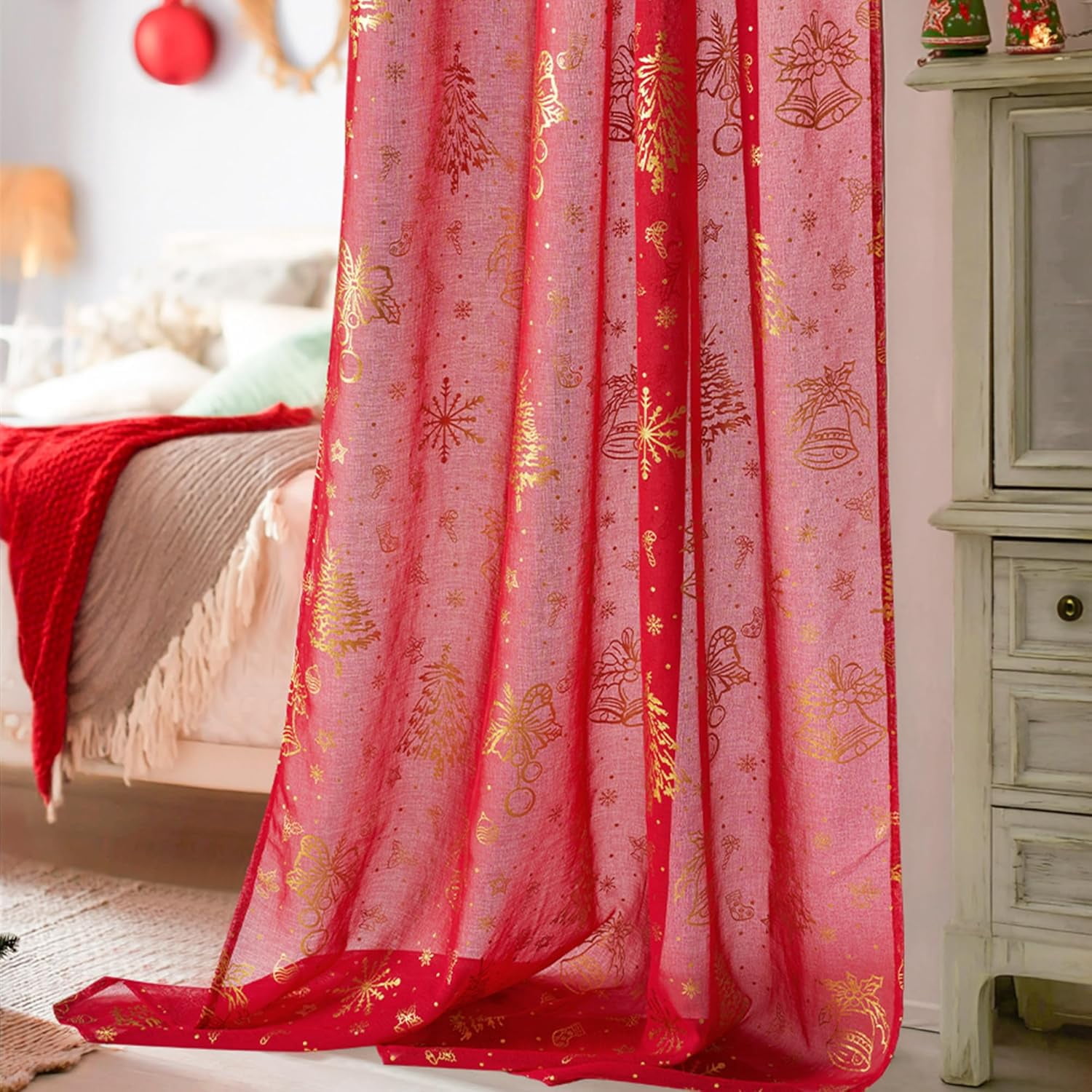 NICETOWN Christmas Sheer Curtains for Living Room, Red Grommet Curtains for Bedroom Window Drapes for Home Decor, W52 x L84, 2 Panels