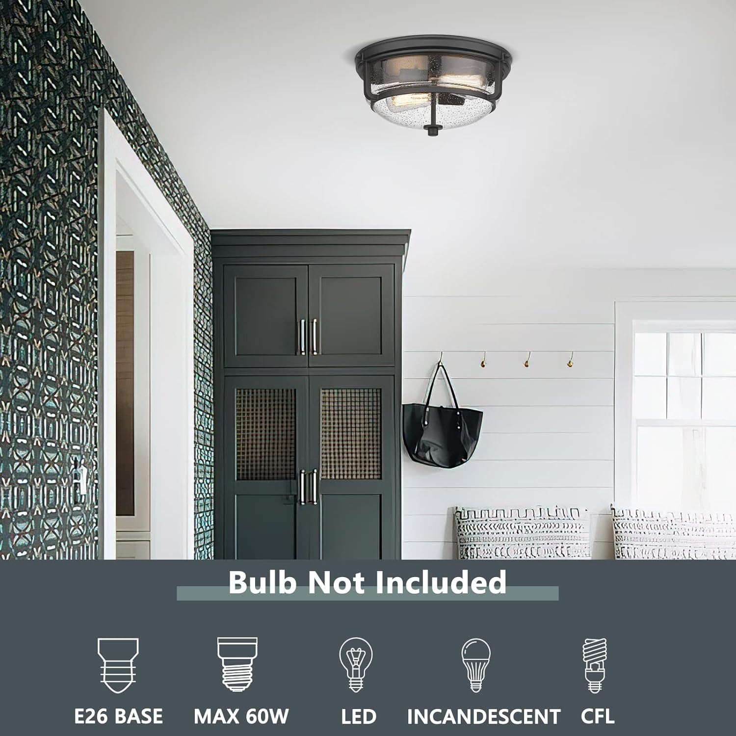 Emliviar Modern 12" Ceiling Light, Flush Mount Ceiling Light Fixture with Seeded Glass Shade, Black Finish, WE249F BK