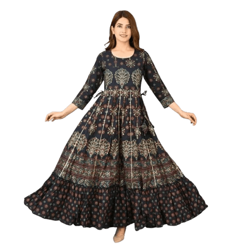 DWEEP SARA Blue Cotton Anarkali Dress with Elegant Mirror Embroidery, Lace Detailing & Side Tassels, XXL