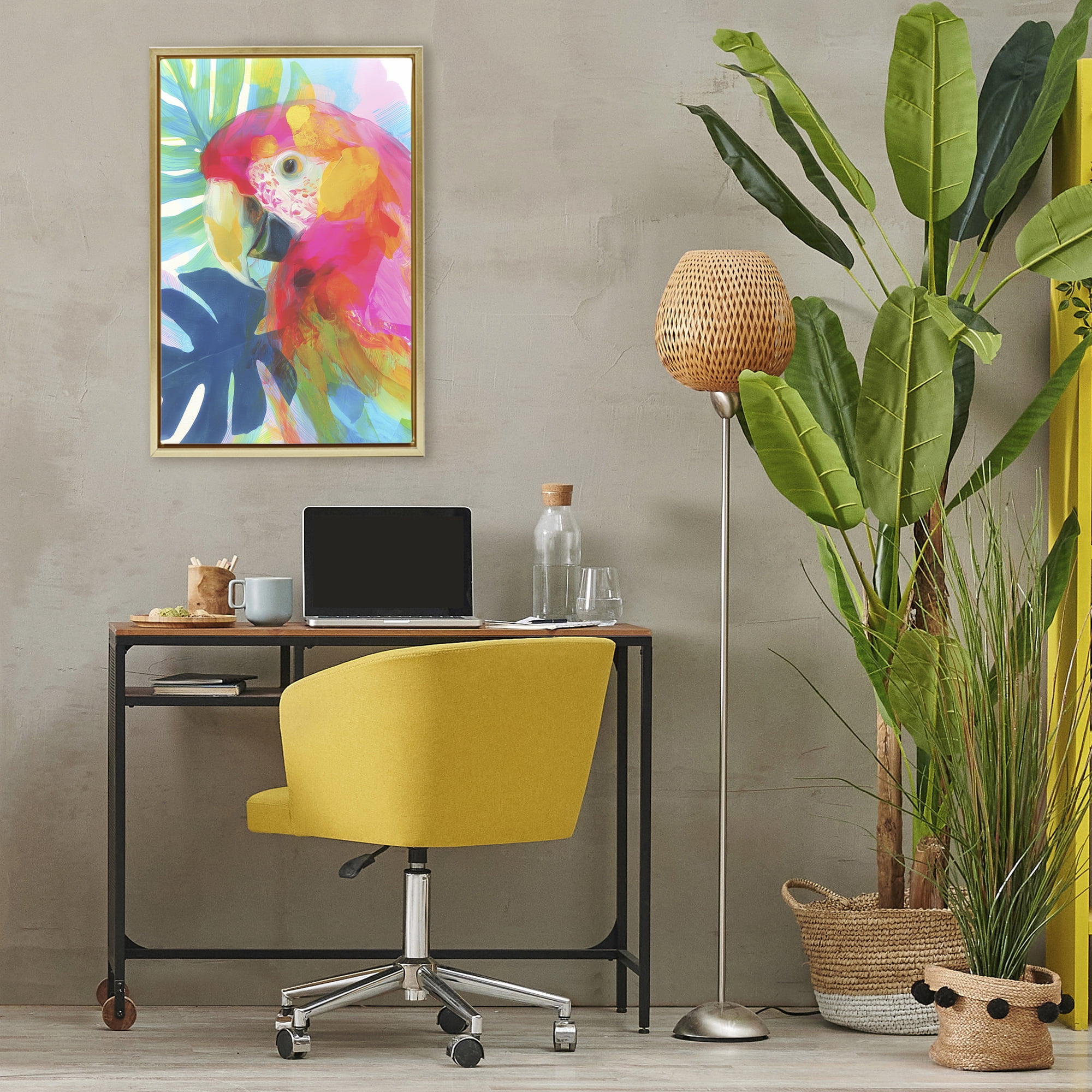 Stupell Industries Scarlet Macaw in Paradise Gold Framed Floater Canvas Wall Art, design by Chromatic Storm Studio