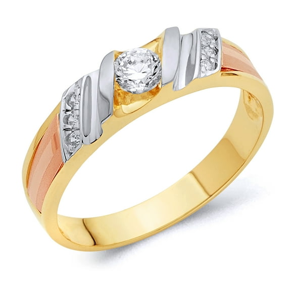 Wellingsale Men's Solid 14k Tri 3 Color Gold Polished CZ Cubic Zirconia Wedding Band - Size 8