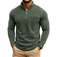 thumbnail image 2 of Men's Fashion Solid Color Retro Casual Washed Quarter Zipper Pocket Long Sleeve T-Shirt, Polo Style Top for Daily Wear, Casual Outings and Weekend Style,Green,L, 2 of 5