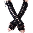 thumbnail image 1 of Lace Gloves Long Ribbon Elbow Length Half-Finger Hollow Out Holes Arm Sleeves Fingerless Mittens Fishnet Mesh Cosplay Costume Black, 1 of 7