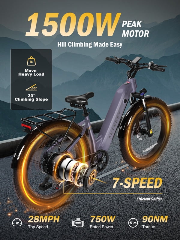 Electric Bike for Adults Peak 750W 20MPH Brushless Motor,48V Electric Mountain Bikes, 26"×4 Fat Tires Ebike,7 Speed (Purple)