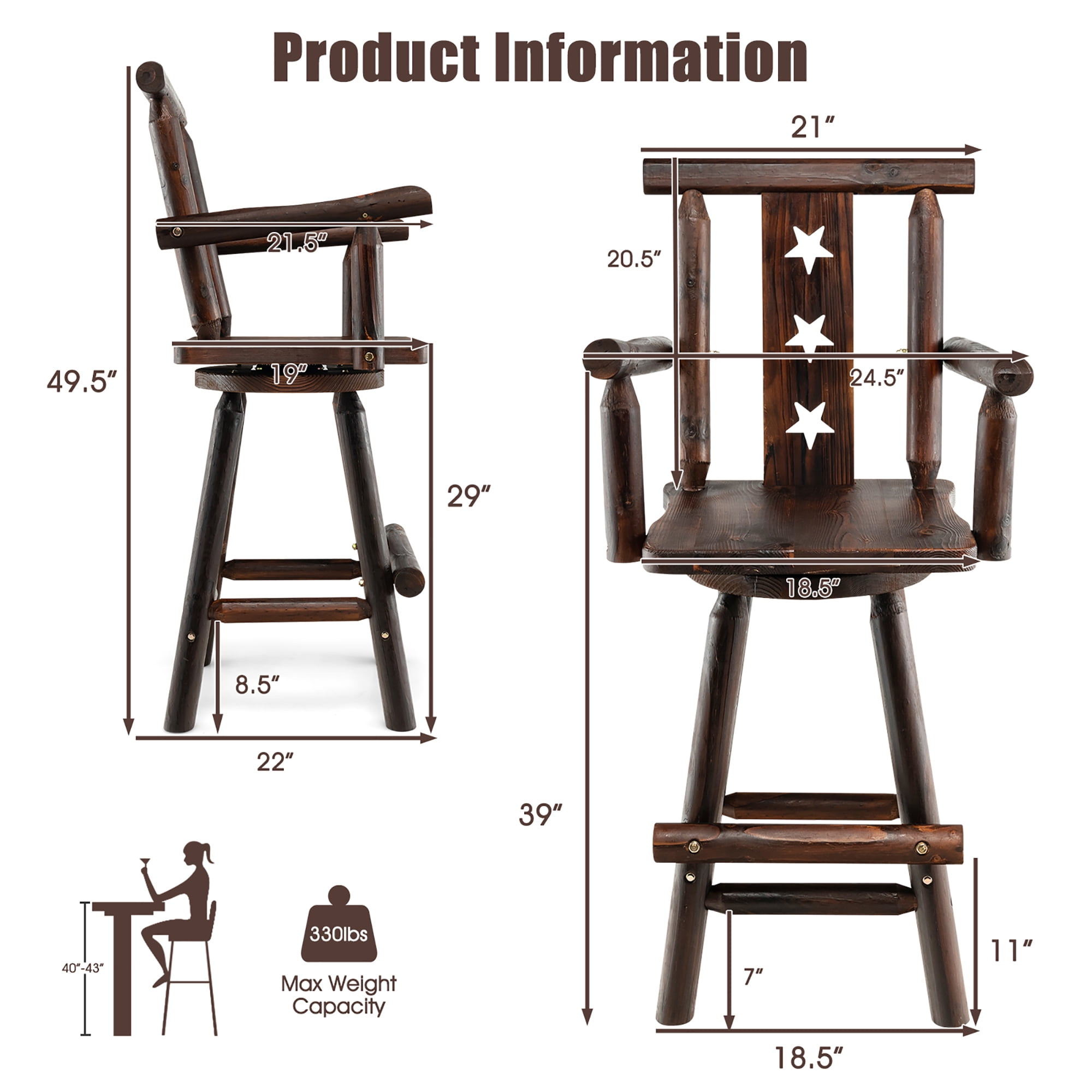 Costway Set of 2 Wooden Bar Stools Swivel Bar Height Kitchen Patio Chairs with Armrest