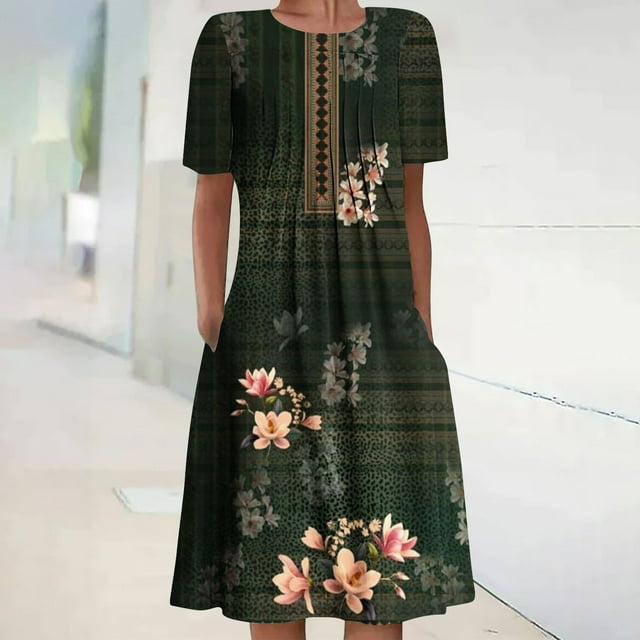 Robe Maxi avec Manches Robe d'Été Bohème à Manches Courtes Robe de Plage Robe Longueur Genou Robe à Manches Courtes en Liquidation
