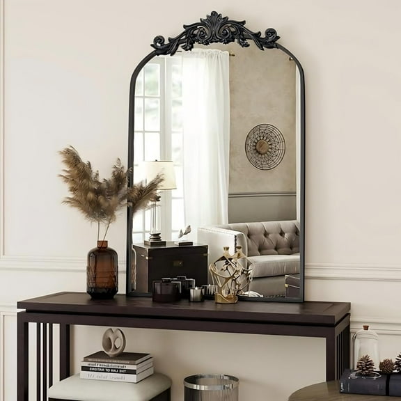 Mirstory 36.5" x 24" Arched Antique Vanity Mirror Wall Mirror with Carved Pattern Top, Black