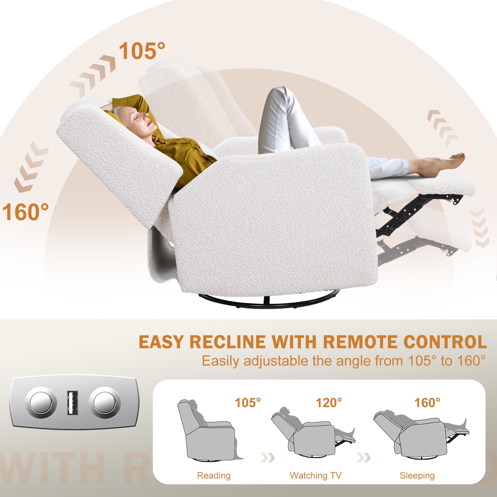 JULY'S SONG Power Swivel Gilder Rocker Recliner Chair for Adults, Skin-Friendly Nursery Rocking Chairs in Living Room with Waist Pillow, USB Charging, Beige