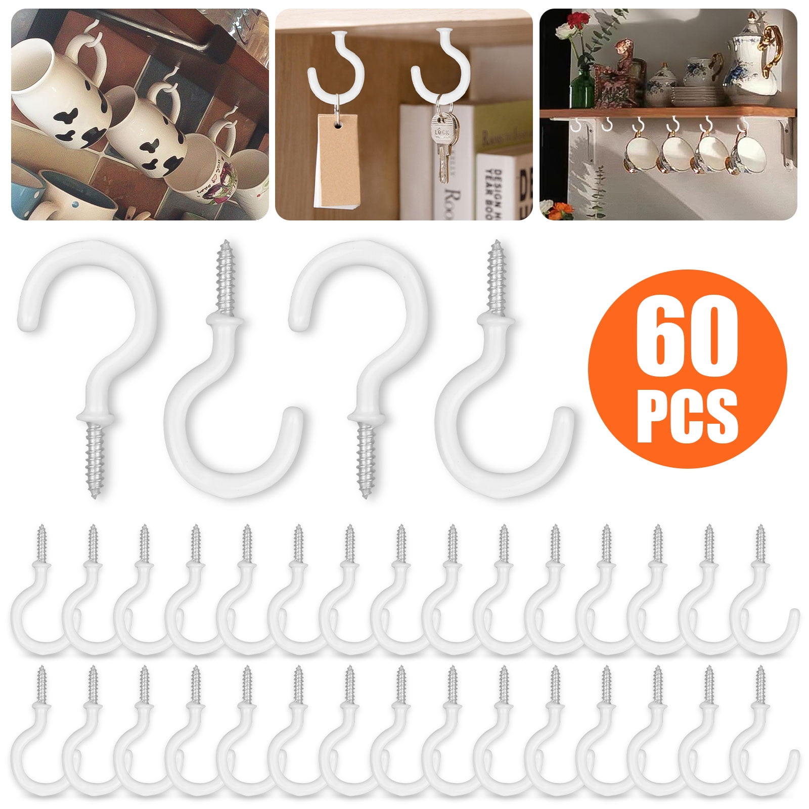 50 Pcs Ceiling Hooks for Hanging White, 1-1/4 Inch Light Outdoor Indoor Porch Bathroom Kitchen Wall Hooks Set for Coffee Tea Cup Mug 1-1/4 Inch Vinyl Coated Screw-in Hooks Plant