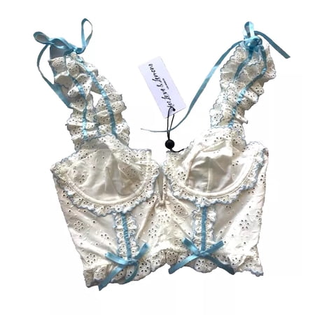 VS For Love & Lemon Eyelet Swirl Bustier Bra White and Blue Size Small NWT
