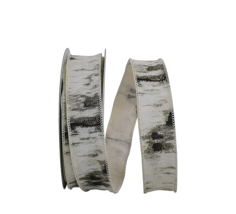 The Ribbon Roll - T93218W-030-09J, Birch Tree Bark Forest Wired Edge Ribbon, White, 1-1/2 Inch, 25 Yards