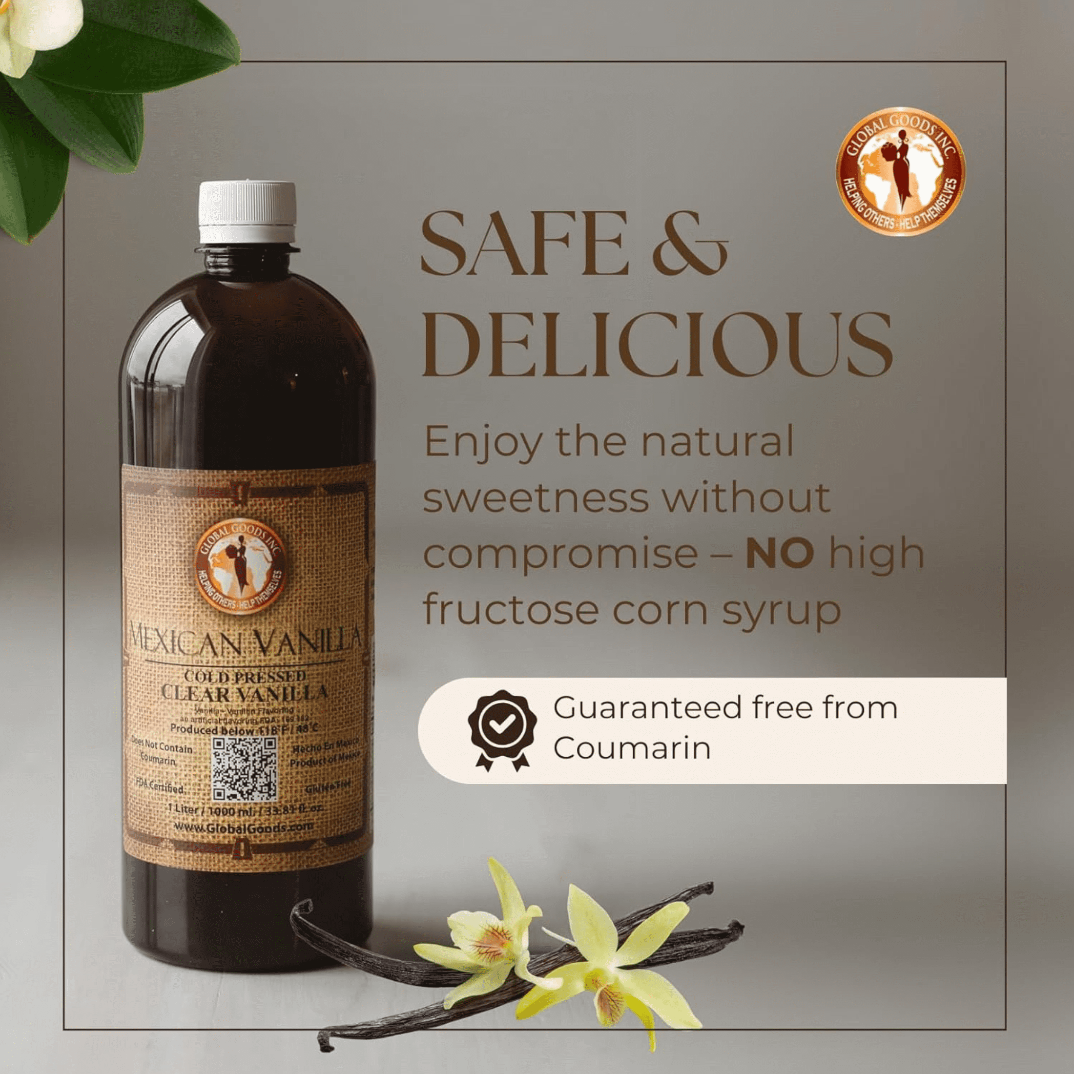 Pure Clear Mexican Vanilla Extract Gluten Free, Coumarin Free Vanilla for Baking 33.81 fl oz bottle