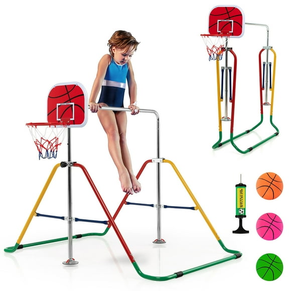 Gymax Kids Folding Horizontal Bar Adjustable Training Gymnastics Bar w/ Basketball Hoop Colorful