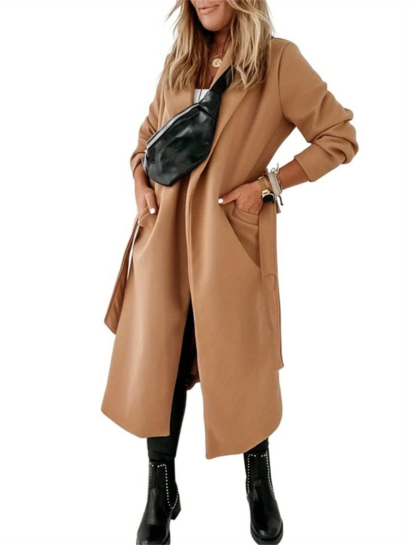 Autumn Winter Womens Classic Coat Lapel Collar Open Front Belted
