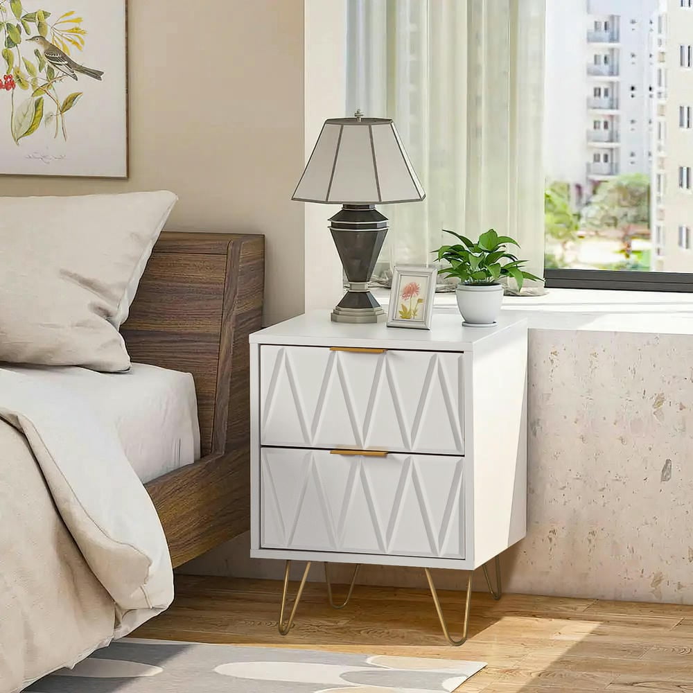 GVN Nightstand, Bedside Table,White Nightstand Set of 2 with Gold Handle, Bedside Table with 2 Drawers & Gold Legs for Bedroom Living Room