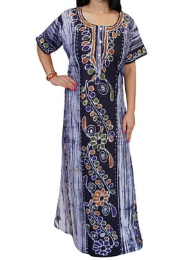 Mogul Beautiful Printed Cotton Caftan Short Sleeves Button Front Sleepwear Night Dress Maxi Kaftan