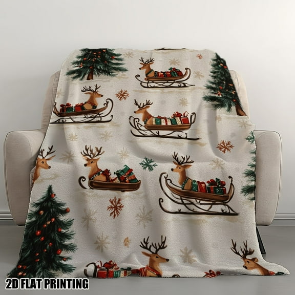1pc Ultra-Cozy Christmas Sleigh Ride Printed Flannel Blanket - Soft, Casual & Comfortable, Perfect for Napping, Relaxing Outdoors, or Travel - Ideal All-Season Gift, Festive Reindeer & Snowflake Desi