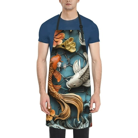 

Vsdgher Colorful Koi Fish Art Waterproof Apron with 2 Pockets Kitchen Chef Aprons Bibs for Grooming Cooking Baking Painting Gardening