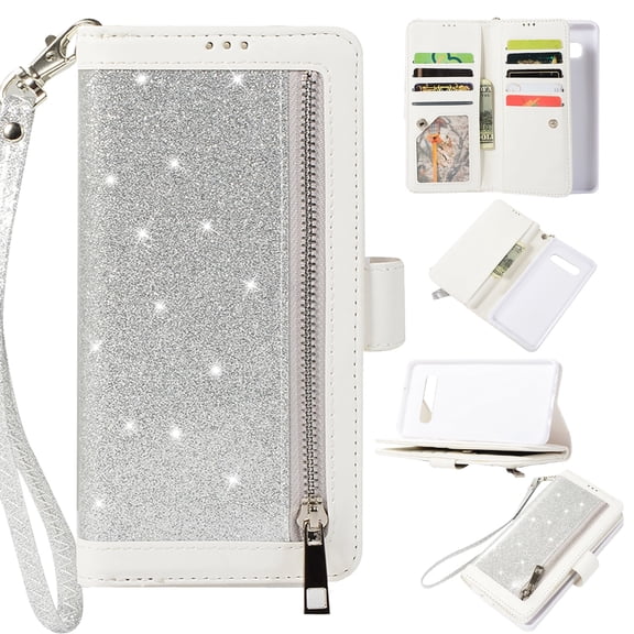 Zipper Wallet Case for Samsung Galaxy S10E S10e Phone, Allytech Bling Glitter Leather Case with 9 Credit Card Holder Flip Magnetic Closure Stand Cover with Cash Pocket and Hand Strap, Silver