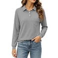 thumbnail image 3 of Hearthz Polo Shirt for Women 3 Button Womens Long Sleeve Shirt Relaxed Fit Solid Color T Shirts for Women Tennis Tops Gray L, 3 of 6