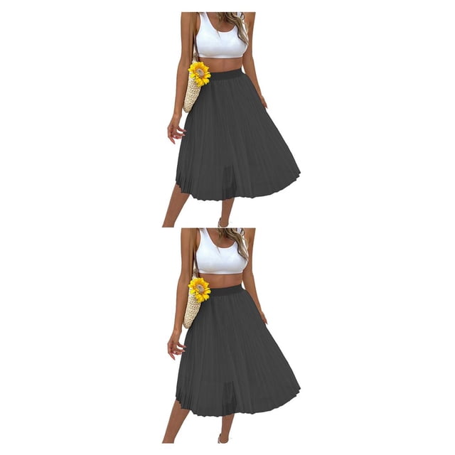 Qarigey de malla hasta la rodilla de cintura alta para mujer, faldas plisadas de viaje para banquete de fiesta para niñas, moda de Color Negro L 2Conjunto