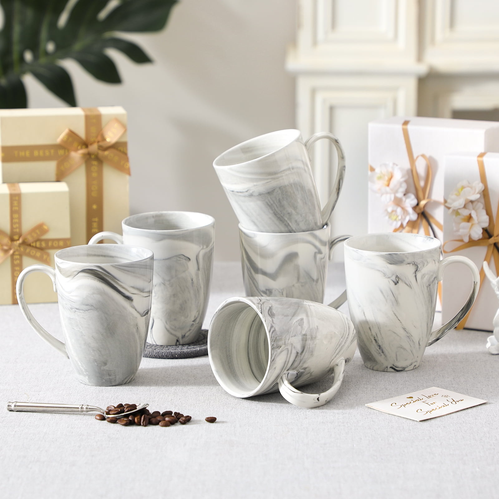 Vancasso Coffee Mugs Set of 6, 16oz Large Porcelain Mug, Ceramic Tea Cups with Handle, Dishwasher and Microwave Safe, Grey