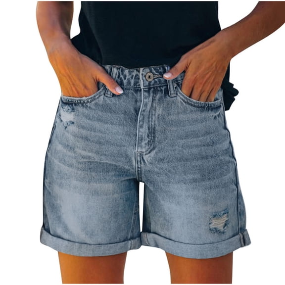 aohooy Jean Shorts for Women Low Rise Casual High Rise Distressed Rolled Hem Ripped Denim Short Pants Blue,L