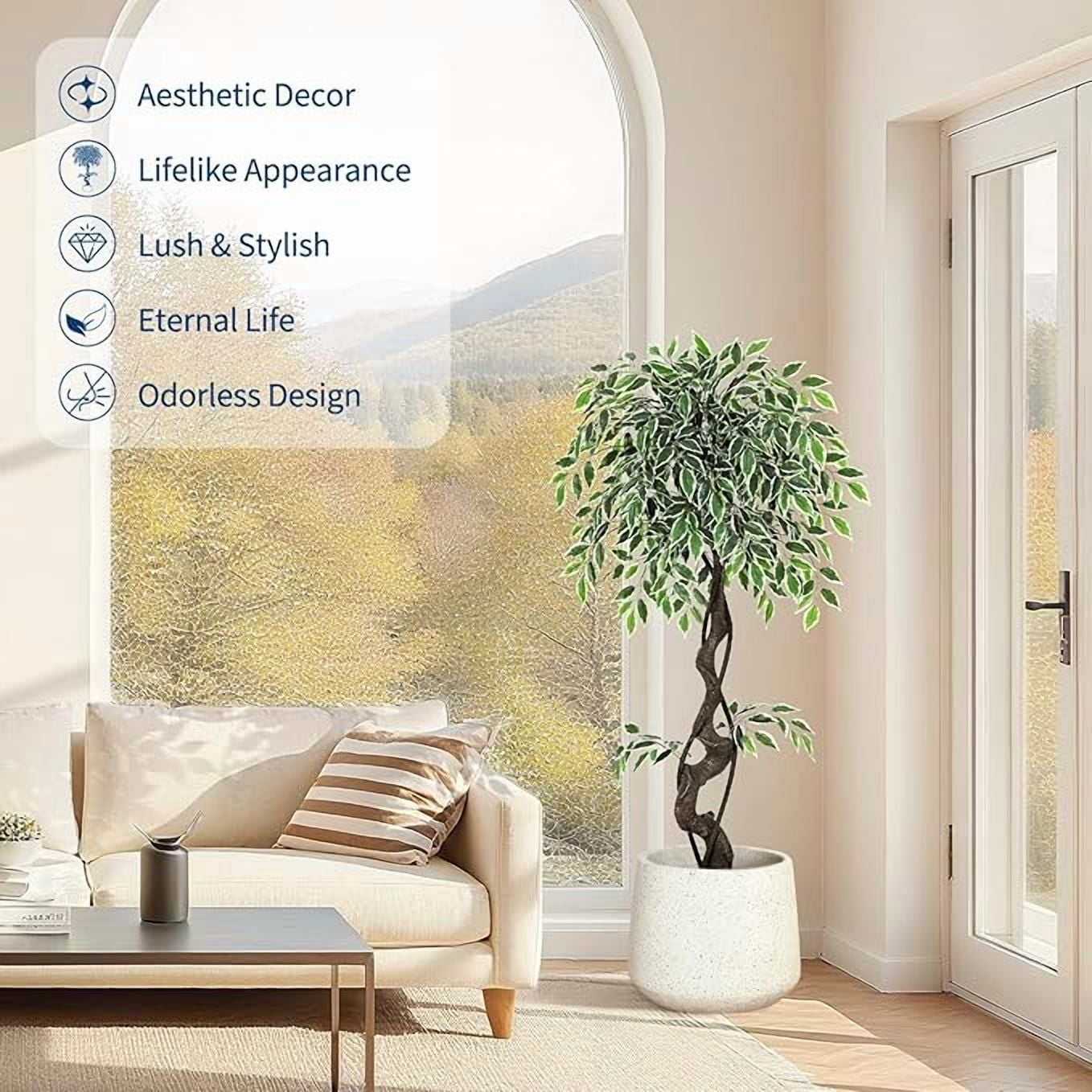 6FT Artificial Tree Ficus, Tall Faux Trees Indoor with Natural Trunk and Fake Silk Tree Fake Plants for Home Spring Decor Living Room Outdoor Balcony House Office (Included Dried Moss Pebbles)
