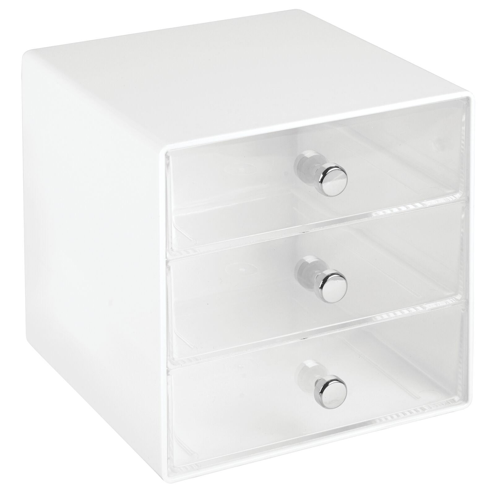 mDesign Plastic Home Office 3 Drawer Cube Storage Organizer - Desktop Organization for Office Supplies, Gel Pens, Pencils, Markers, Tape, Erasers, Paperclips, Chargers - White/Clear
