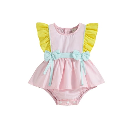 

Tetyseysh Baby Girl Dress Romper Newborn Bow Decor Patchwork Pattern Fly Sleeve Round Neck One Piece Summer Clothing