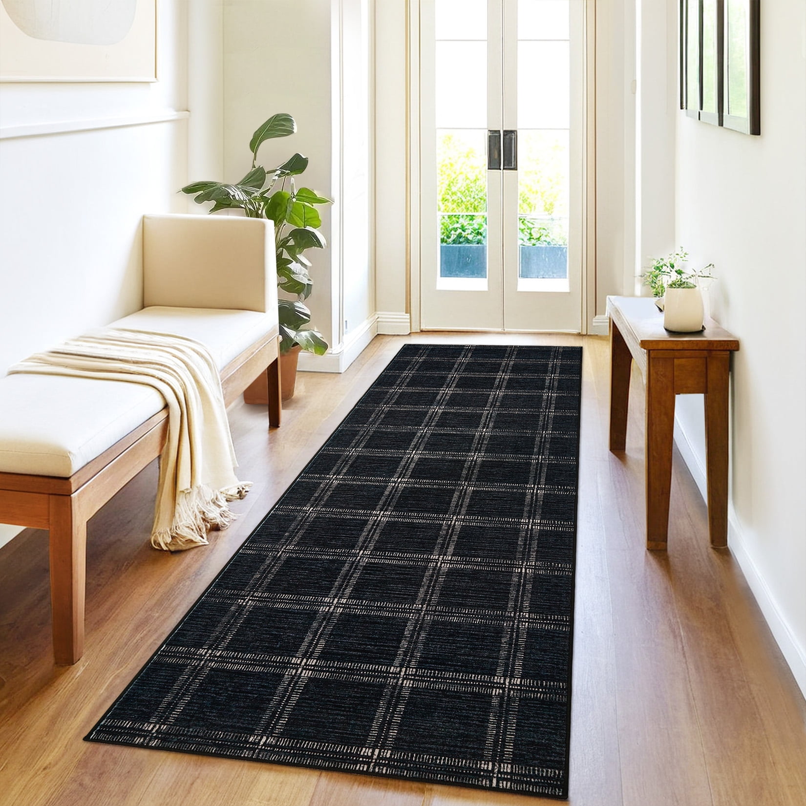 Hasoo Modern Plaid Non Slip Runner Washable 2' x 6' Throw Rug for Hallway Enterway Neutral Indoor Black Carpet