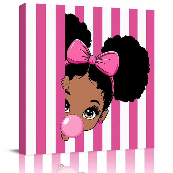 Wall Art Prints, African Girl Framed Canvas Prints for Bedroom Living Room Bathroom Office, Afro American Black Girl with Bubble Pink Stripes Gallery Wrap Wall Art Poster for Gifts Home Decor 12"x12"