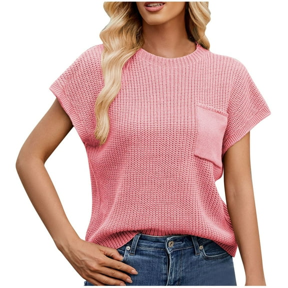 Wlynlyn Cap Sleeve Tops for Womens Summer Casual Crew Neck Sweater Lightweight Knit Pullover Top Loose Fitted L