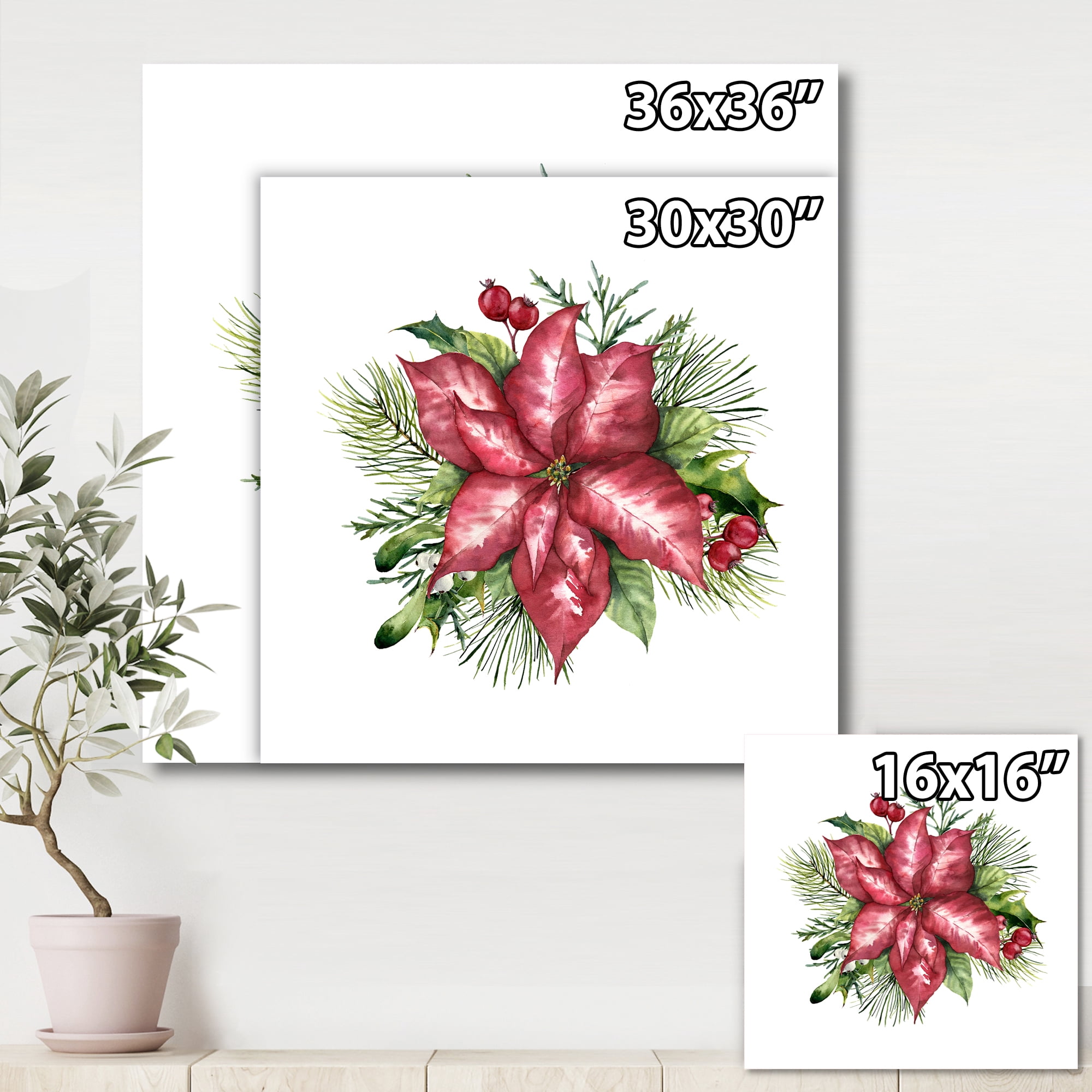 Designart ' Christmas Fir Branch and Holly Mistletoe Berries III ' Traditional Canvas Wall Art Print