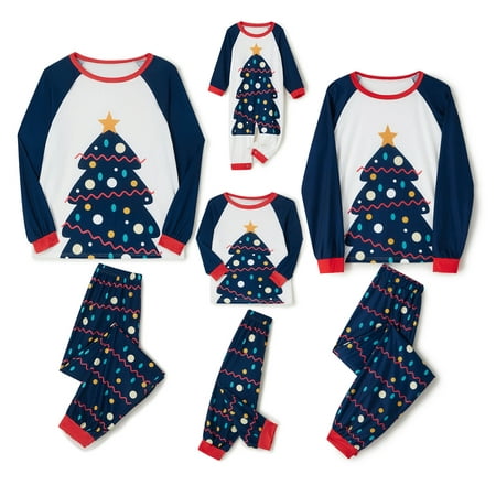 

One opening Family Matching Christmas Pajamas Outfits Long Sleeve Tree Print Tops Nightwear + Elastic Waist Long Pants Sleepwear Set for Mom Dad Kid Baby Dog