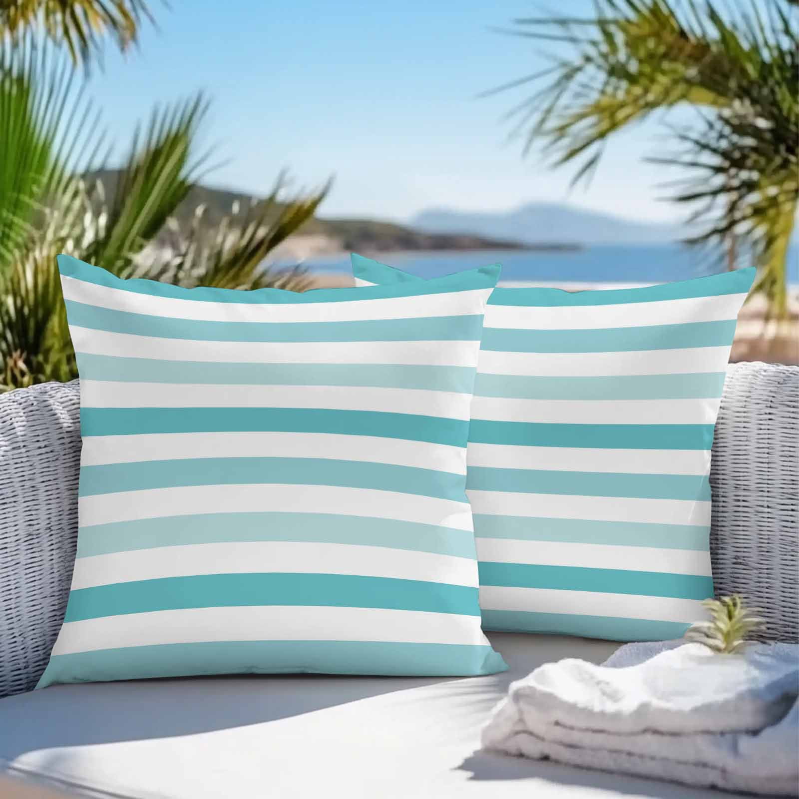 Aqua Green White Striped Outdoor Pillow Covers Set of 2 Modern Minimalist Abstract Lines Waterproof Throw Pillow Case Decorative Square Cushion Cover for Patio Couch Garden Balcony, 24"x24"