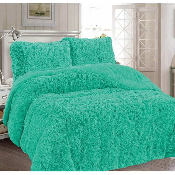 NEW YORK AQUA COLOR SHAGGY BLANKET WITH SHERPA SOFTY THICK AND WARM 3 PCS CALIFORNIA KING SIZE