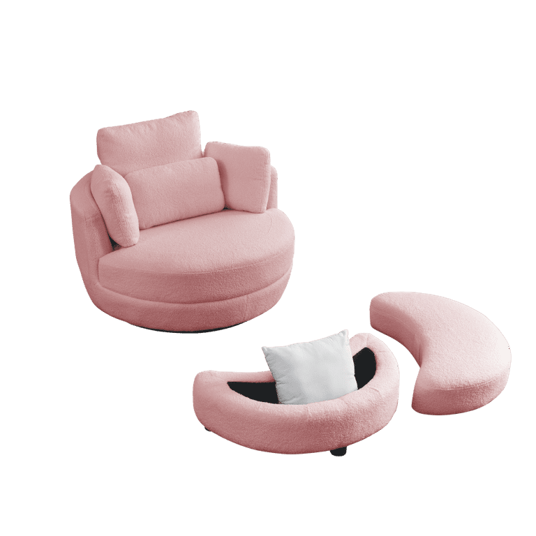 Swivel Barrel Sofa Chair with Half Moon Storage Ottoman Modern Loveseat Circle Barrel Chairs with 4 Pillows Linen Leisure Chair for Living Room