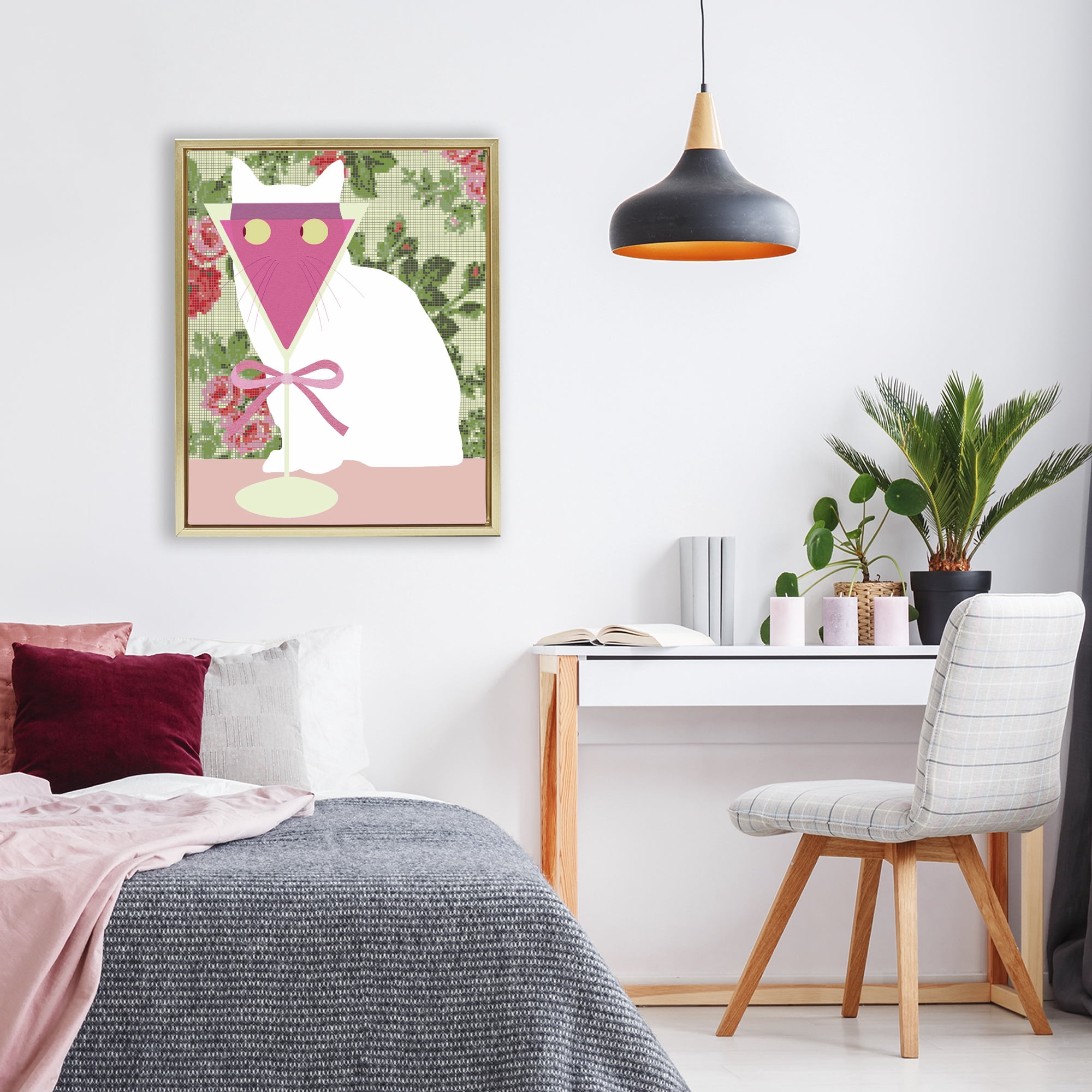 Stupell Industries White Cat with Pink Martini Gold Framed Floater Canvas Wall Art, design by Lil' Rue