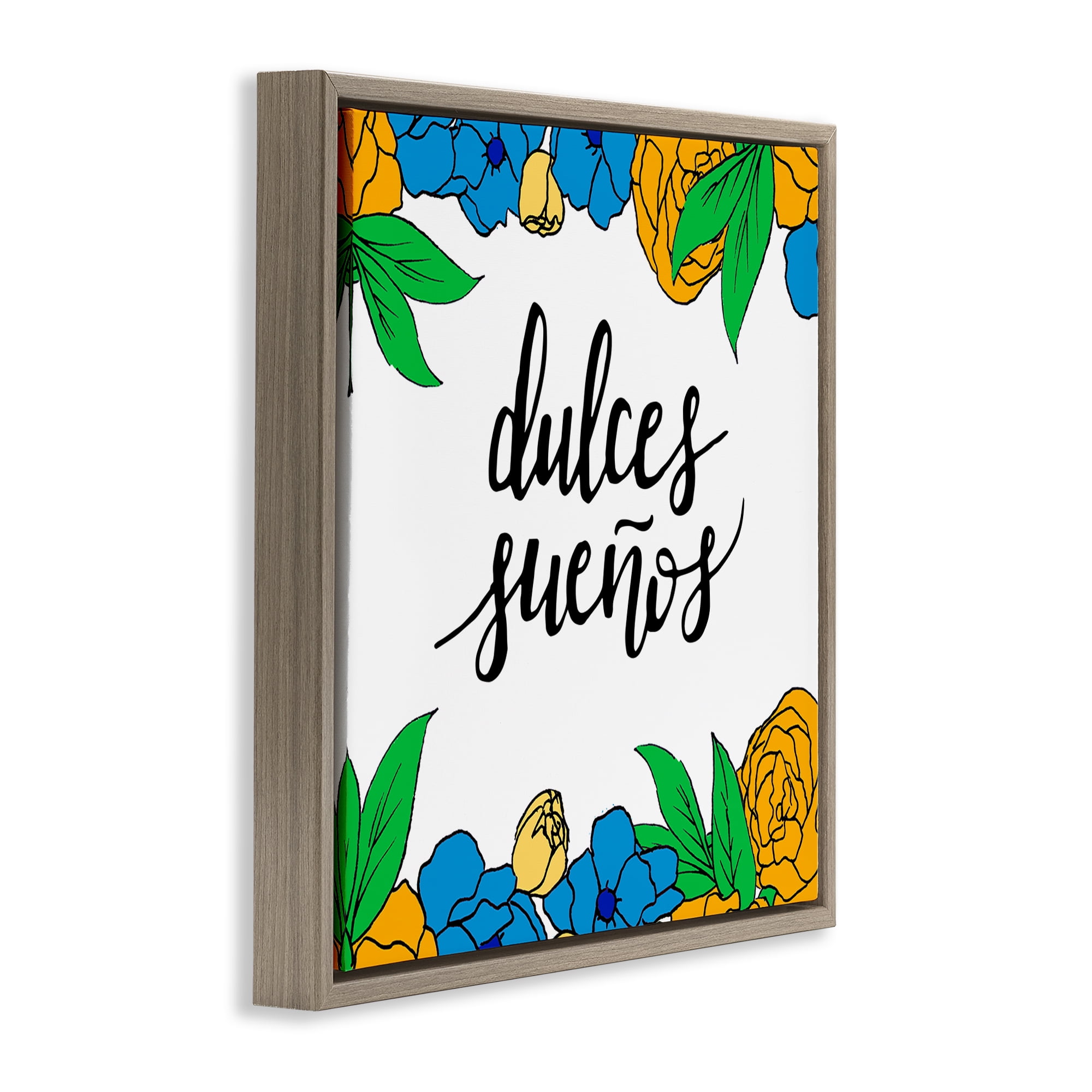 Stupell Industries Dulces Sueños Flores Tropicales Inspirational Quotes & Sayings Painting Brown Floater Framed Art Print Wall Art, 18 x 18