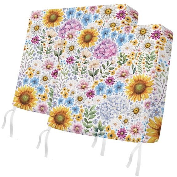 Outdoor Patio Cushion Covers 2 Pack Sunflowers Hydrangea Floral Chair Pads Slipcovers with Ties & Zipper Waterproof Daisy Green Leaves Seat Cushion Covers for Outdoor Couch Sofa 22x20 Inch