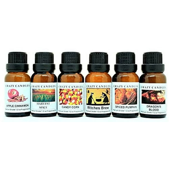 6 Bottle Halloween Set: (Made in USA) Witches Brew, Spiced Pumpkin, Harvest Spice, Dragons Blood, Candy Corn, Apple Cinnamon 1/2 Fl Oz Each (15ml) Premium Grade Scented Fragrance Oils