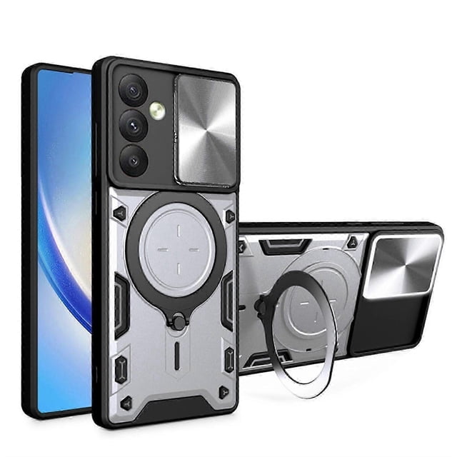 Sliding Window Lens Protection Case for Samsung Galaxy S24, Heavy Duty Shockproof Phone Cover with Folding Rotating Magnetic Bracket for Samsung Galax