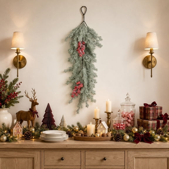 Hanging Branch Ornament with Snow Flocked Design and Red Berries, Flexible Decoration for Front Door, Fireplace, Wall or Indoor Holiday Party