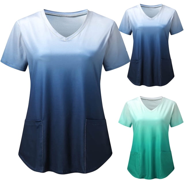 Fiudx Ofertas y Liquidaciones Blusa de Manga Corta con Cuello En V para Mujer, Uniforme de Trabajo, Impresión de Bolsillo