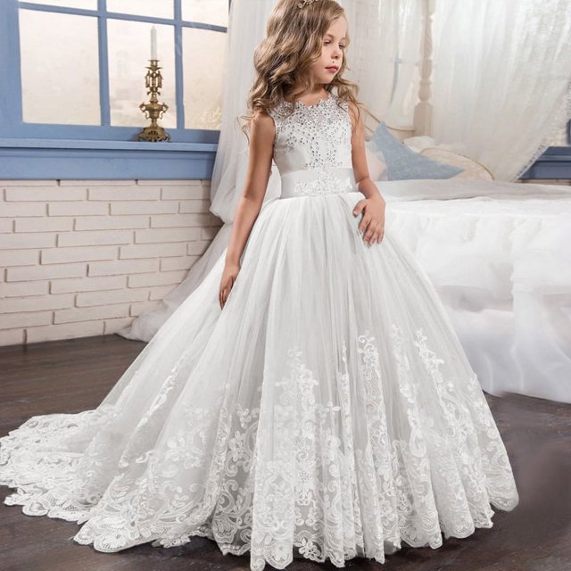 Ropa para niños Vestido de novia de encaje para niños Vestido pontón Vestido de princesa Cumpleaños de niña de las flores Piano